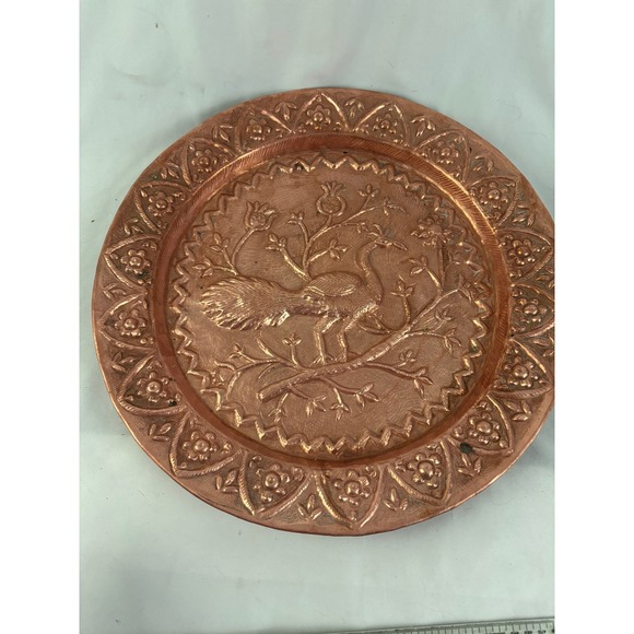 Vintage Hammered Copper Wall Plate Bird Floral Repoussé Hanging Decor 16" - Picture 10 of 11